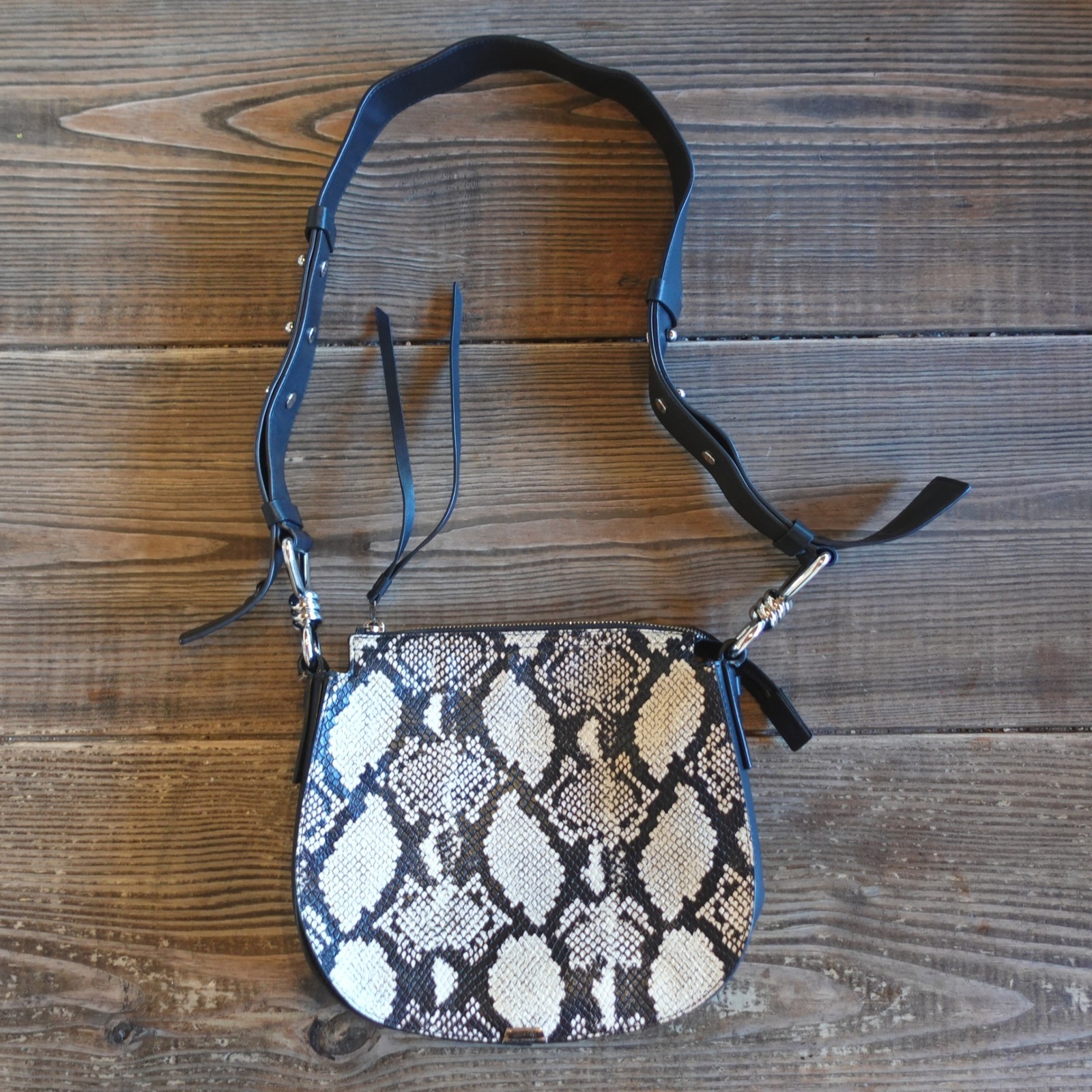 Allsaints Embossed Leather Crossbody Bag Womens Black Snake Print Messenger Chic